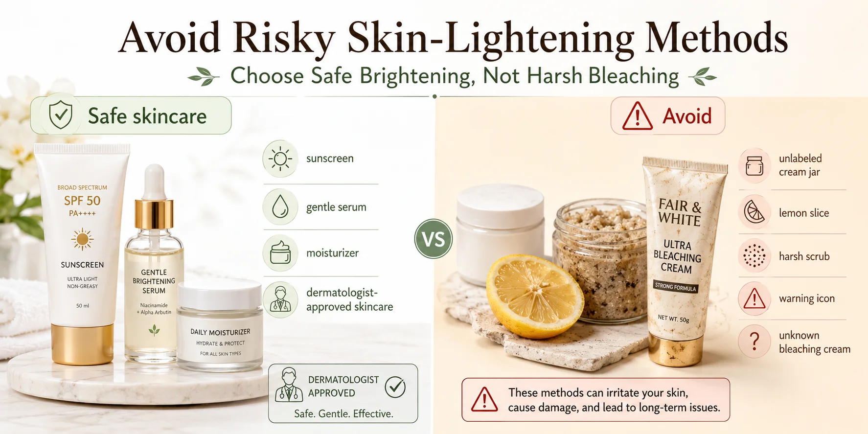 Side-by-side comparison of safe skincare products like sunscreen, serum, and moisturizer versus risky items like unlabeled cream jar, harsh scrub, and bleaching cream.